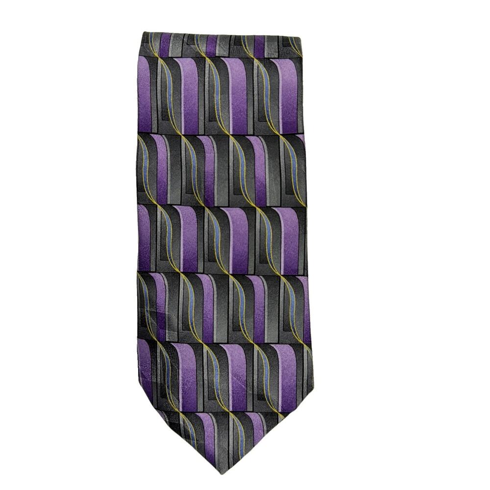Palatina Men’s Tie 100% Silk Purple Black Silver Geometric Vintage Necktie Gift